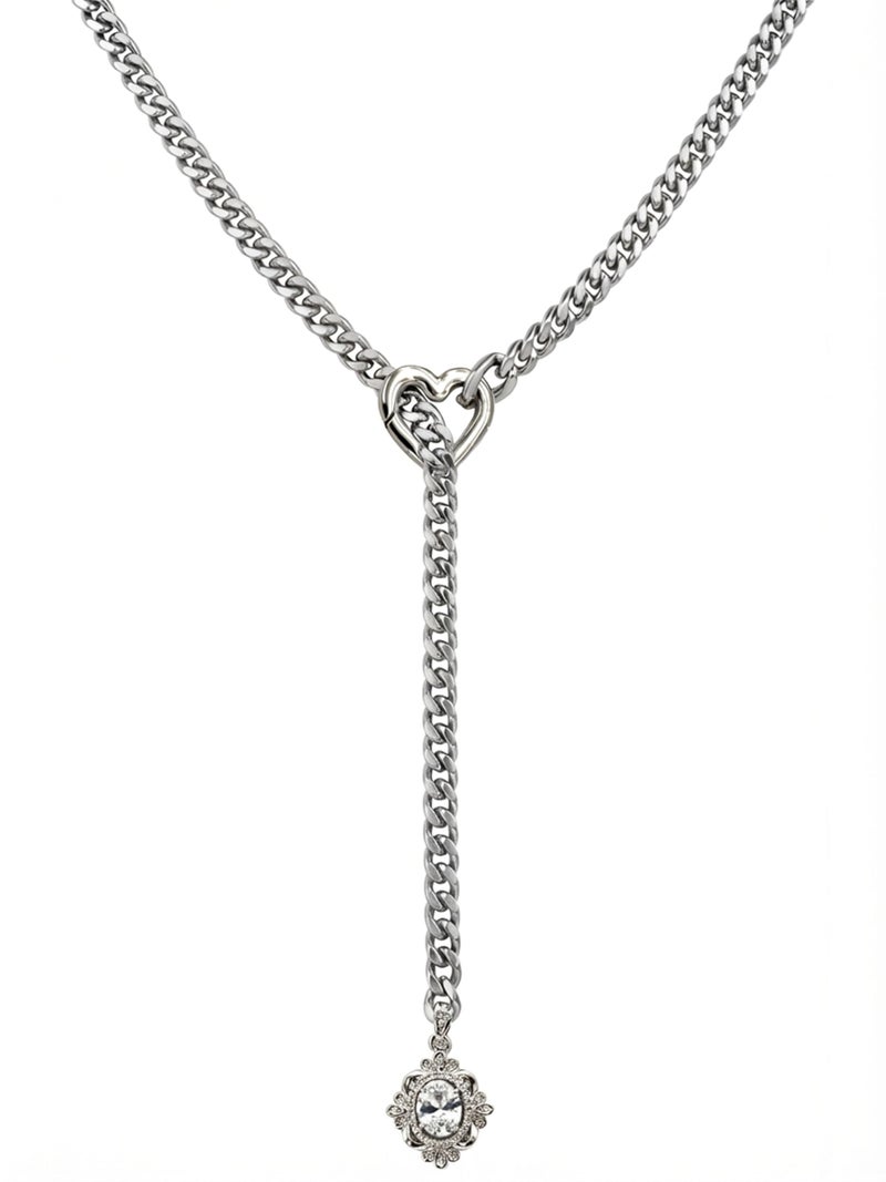 EverGlimp Heart Slip Chain Necklace for Women, Silver Cuban Chain Y-Necklace with Adjustable Heart O-Ring & Crystal Pendant, Long Lariat Statement Jewelry (25 Inch'' Crystal White) - Image 1