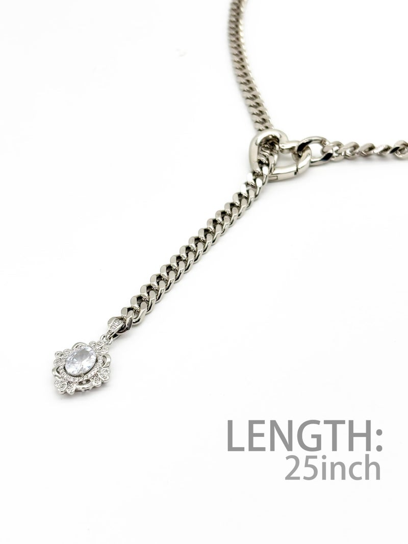 EverGlimp Heart Slip Chain Necklace for Women, Silver Cuban Chain Y-Necklace with Adjustable Heart O-Ring & Crystal Pendant, Long Lariat Statement Jewelry (25 Inch'' Crystal White) - Image 2