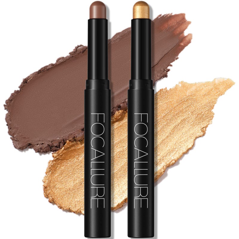 FOCALLURE 2 Pcs Cream Eyeshadow Stick,Brightener Eyeshadow Pencil Crayon,Highlighter Eye Shadow Stick Sets with Crease-proof Formula,Long Lasting Waterproof Eye Shadow Make Up,Silky Peach - Image 1