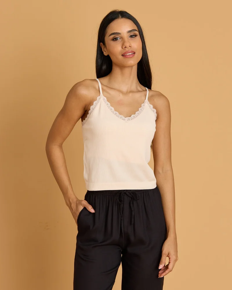 Redtag Women Beige Seamless Rib Cami Top With Lace