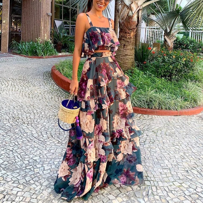 FC549 in stock Amazon womens clothing European and American womens two-piece set dress strap top + lotus leaf dress suit Picture color 