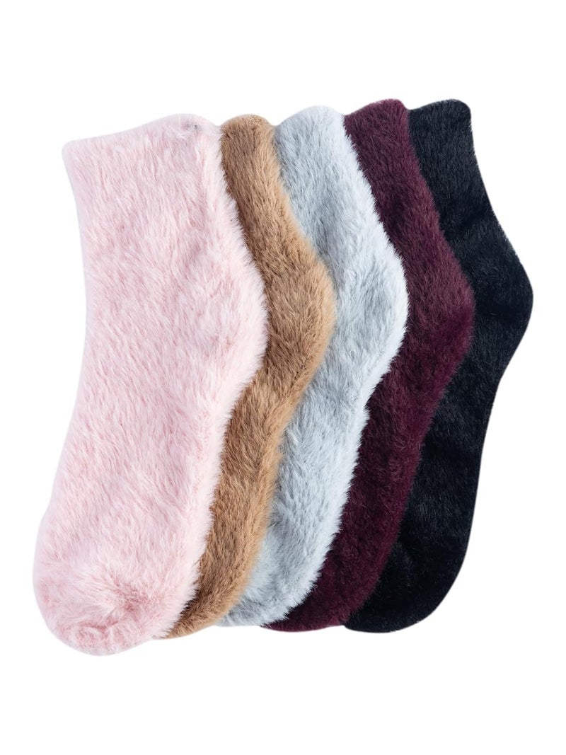Texton Kids Faux Fur Nylon Thick Terry Microfibre Woolen Winter Ankle Socks – Warm, Soft, Cozy, Plush Texture, Stretch Fit, Multicolor Design, Pack of 5 - Image 2