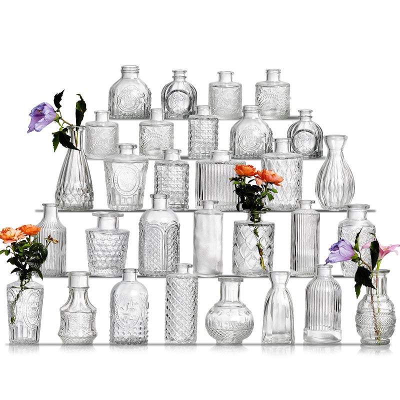 Ulodimi Glass Bud Vase Set of 30 - Small Vases for Flowers in Bulk - Assorted Vintage Crystal Vases for Flowers, Table Centerpieces (Clear, 30 Pcs) - Image 1