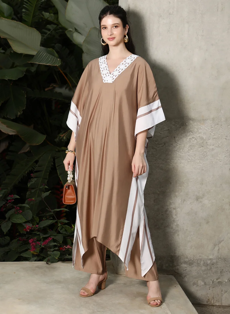 QISSA Women's Sand Beige Panel-Striped Kaftan Kurta Set For Ethnic Wear | V-Neck, Quarter Kimono Sleeves | Stripes Plain Fabric | 2 Piece Kurta Set Designed For Casual & Evening Wear