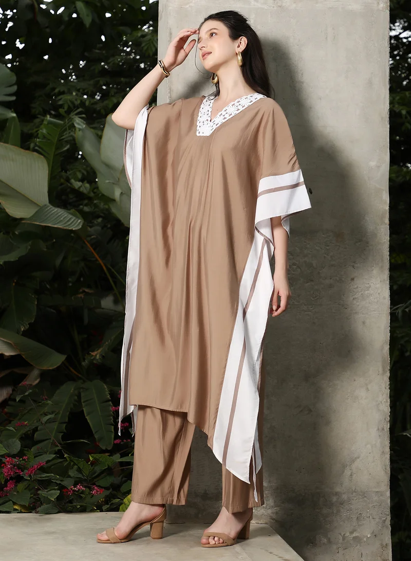 QISSA Women's Sand Beige Panel-Striped Kaftan Kurta Set For Ethnic Wear | V-Neck, Quarter Kimono Sleeves | Stripes Plain Fabric | 2 Piece Kurta Set Designed For Casual & Evening Wear