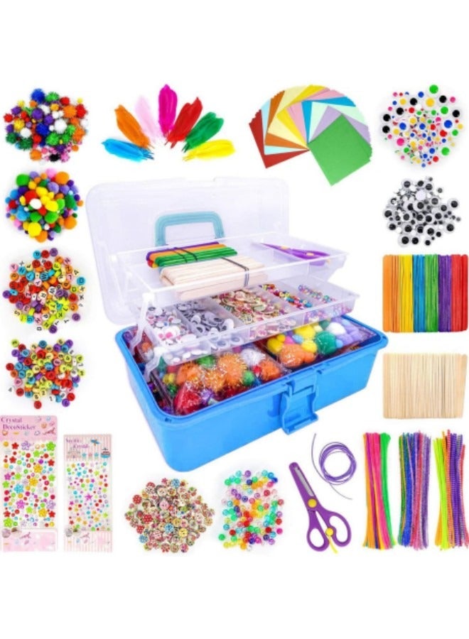 GGEROU 1405Pcs Art and Craft Supplies for Kids, Toddler DIY Craft Art Supply Set Included Pipe Cleaners, Pom Poms, Feather, Folding Storage Box, Blue - Image 1