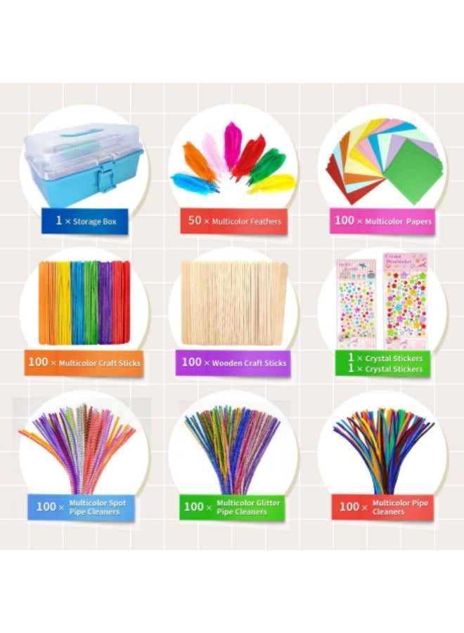 GGEROU 1405Pcs Art and Craft Supplies for Kids, Toddler DIY Craft Art Supply Set Included Pipe Cleaners, Pom Poms, Feather, Folding Storage Box, Blue - Image 2