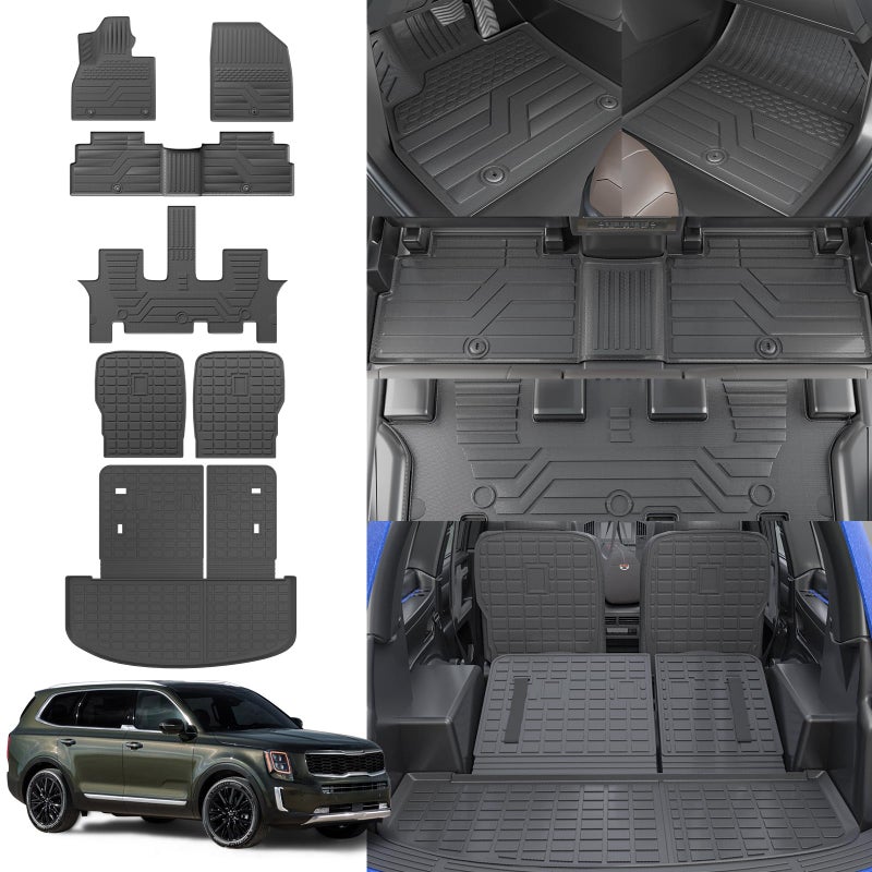 Thinzyou Floor Mats Compatible with 20202025 Kia Telluride 7 Seats Cargo Mat Cargo Liner TPE All Weather Back Seat Cover Protector 2024 Telluride Accessories Fit 7 SeatsFloor Mats Full Set