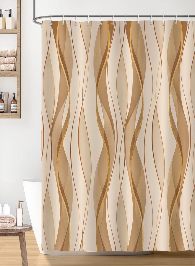 Bonhause Brown Beige Striped Shower Curtain, Modern Abstract Wavy Line Luxury Bathroom Decor 72 x 72 Inch Polyester Fabric Waterproof Bath Curtain with 12 Hooks - Image 1