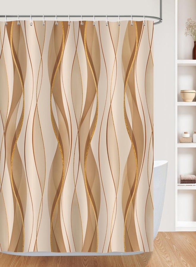 Bonhause Brown Beige Striped Shower Curtain, Modern Abstract Wavy Line Luxury Bathroom Decor 72 x 72 Inch Polyester Fabric Waterproof Bath Curtain with 12 Hooks - Image 2