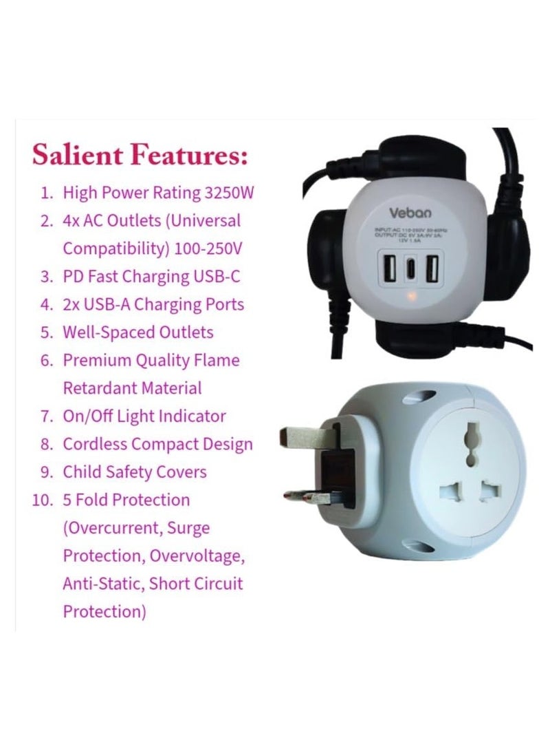 Multi Plug 4 Way Extension Adapter, 7-in-1 Cordless Electrical High Power Wall Extender, PD Fast Charging Head, Multi Way Universal Adapter for Home Office School Hotel 100-250V 13A 3250W  - Image 2