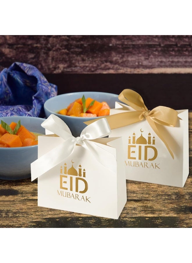 Bluejw 50 عبوة صندوق هدايا عيد، صندوق حلوى هلال العيد، صندوق هدايا رمضان مبارك، صندوق حلوى عيد DIY مع رباط، صندوق حلوى زفاف إسلامي مسلم، صناديق تذكارية من الكعك والشوكولاتة لمستلزمات حفلات العيد، حقيبة هدايا قلعة ذهبية - Image 1