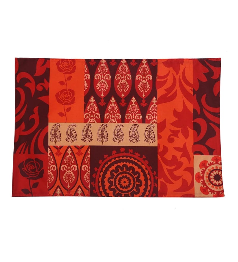 PentaDeco Colourful Floral Print Silk Place Mats or Table Mats Set of 6 Red with Multi - Image 2