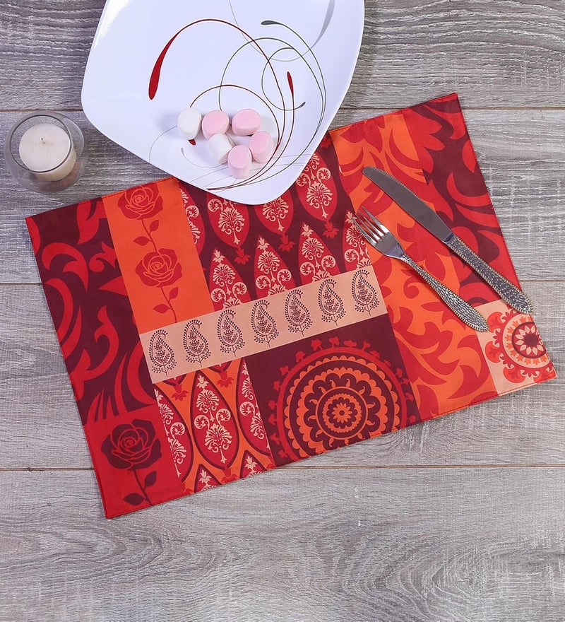 PentaDeco Colourful Floral Print Silk Place Mats or Table Mats Set of 6 Red with Multi - Image 1