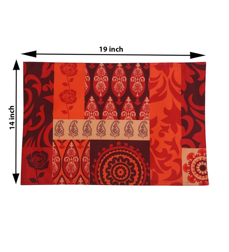 PentaDeco Colourful Floral Print Silk Place Mats or Table Mats Set of 6 Red with Multi - Image 3
