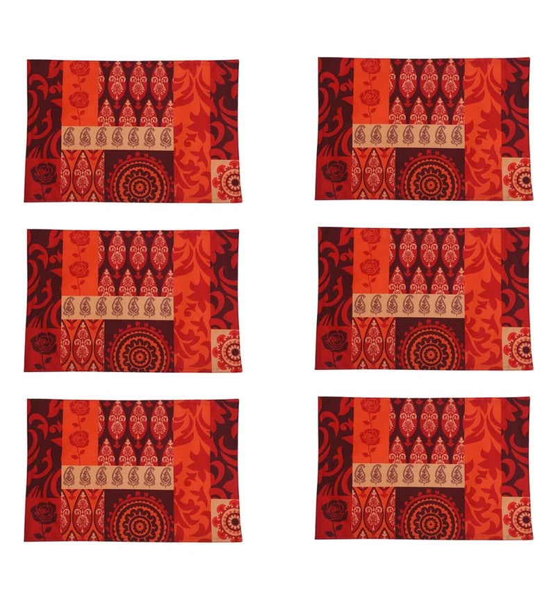 PentaDeco Colourful Floral Print Silk Place Mats or Table Mats Set of 6 Red with Multi - Image 4