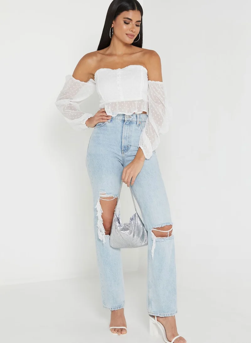 boohoo Bardot Ruffle Detail Crop Top