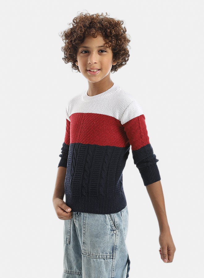 Andora Knitted Crew Neck Stripped Pullover _ Red & White & Navy - Image 2
