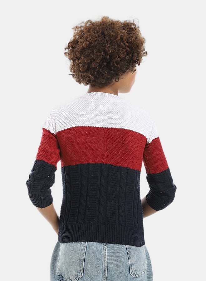 Andora Knitted Crew Neck Stripped Pullover _ Red & White & Navy - Image 3