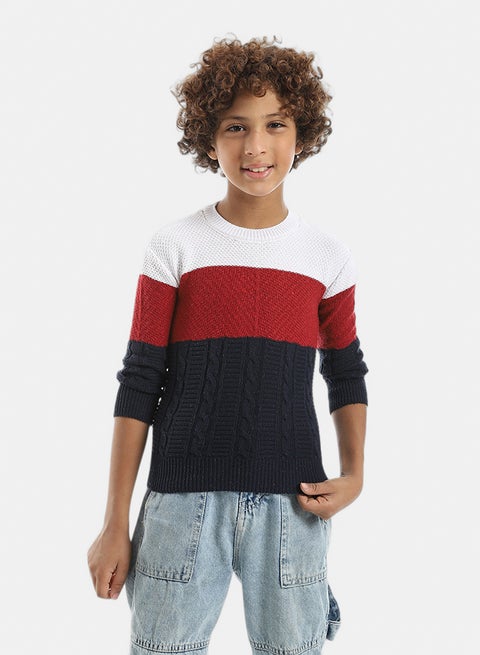 Knitted Crew Neck Stripped Pullover _ Red & White & Navy