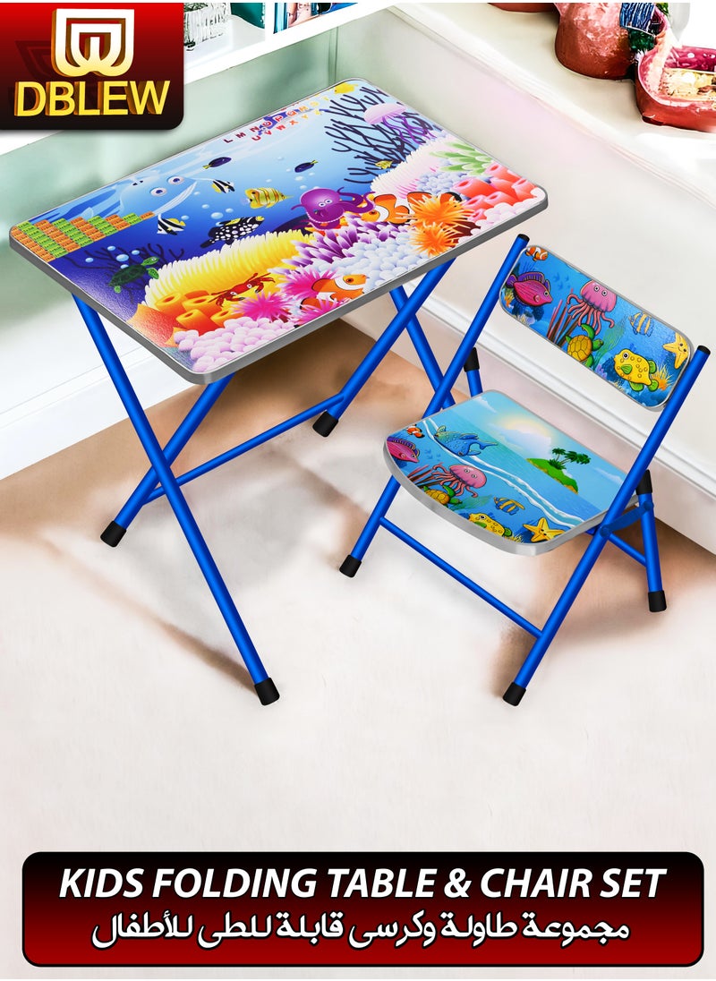 DBLEW Kids Folding Table and Chair Set Portable Study Desk Cartoon Themed Play Educational Furniture Easy Fold for Storage Ideal for Snacks Art Homework and Learning Nursery Growing with Your Baby Child 