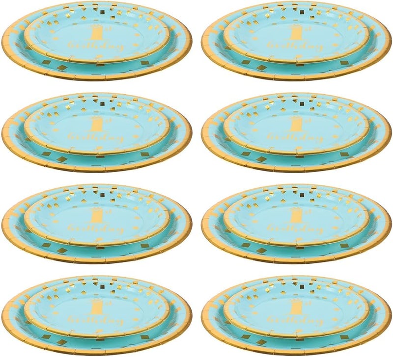 16 Pcs Gold Foil Blue Disposable Paper Plates 7 9 Inch Birthday Party Tableware Set - Image 1