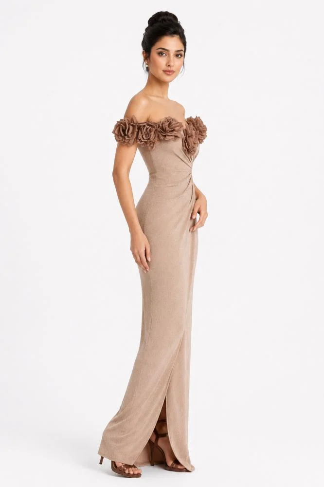 Opera Fashion Off-Shoulder Evening Dress with Raised 3D Rose Details
