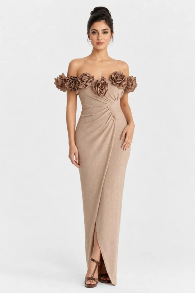 Opera Fashion Off-Shoulder Evening Dress with Raised 3D Rose Details