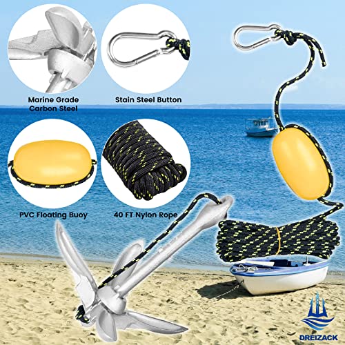 Dreizack Kayak Anchor Kit, 3.5 lb Folding Grapnel Boat Anchor Trolley Accessories with 40ft Rope and PVC Buoy for Fishing Kayaks SUP Paddle Boards Canoes Jet Ski PWC Inflatable Small Boats, Silver - Image 3