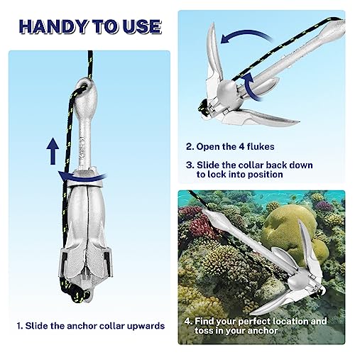 Dreizack Kayak Anchor Kit, 3.5 lb Folding Grapnel Boat Anchor Trolley Accessories with 40ft Rope and PVC Buoy for Fishing Kayaks SUP Paddle Boards Canoes Jet Ski PWC Inflatable Small Boats, Silver - Image 5