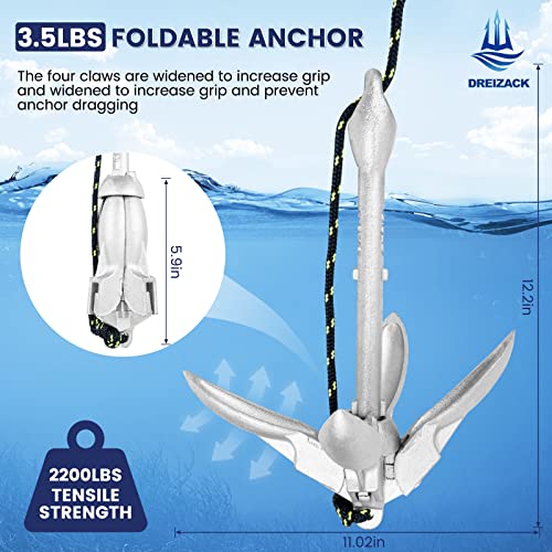 Dreizack Kayak Anchor Kit, 3.5 lb Folding Grapnel Boat Anchor Trolley Accessories with 40ft Rope and PVC Buoy for Fishing Kayaks SUP Paddle Boards Canoes Jet Ski PWC Inflatable Small Boats, Silver - Image 2