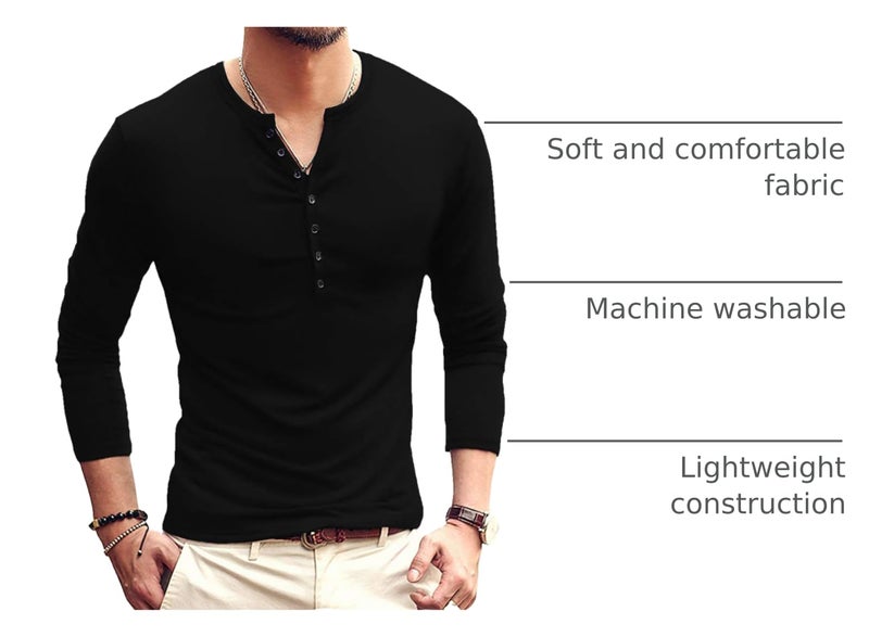 YTD Mens Casual Slim Fit Basic Henley Long Sleeve Fashion T-Shirt XL Black - Image 4
