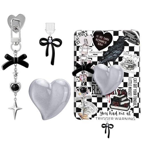 AIERSA Cute Charms Set for Kindle,Including Dust Plug Charm Type C/USB C,Heart Grip Holder,Bling Keychains with Hook for Kindle Accessories,Compatible for Kindle Paperwhite 11th 12th Generation-Black - Image 1