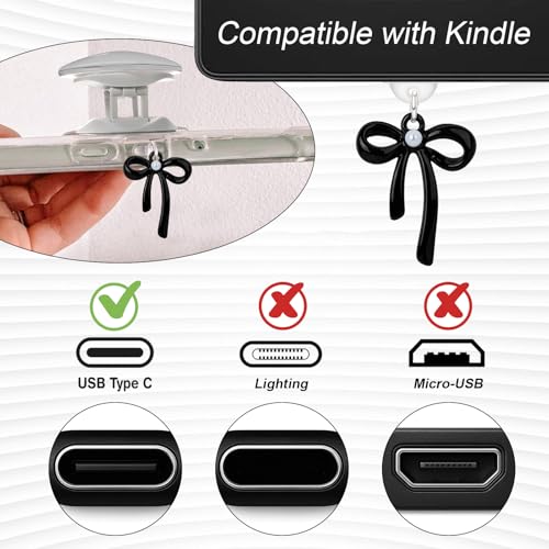 AIERSA Cute Charms Set for Kindle,Including Dust Plug Charm Type C/USB C,Heart Grip Holder,Bling Keychains with Hook for Kindle Accessories,Compatible for Kindle Paperwhite 11th 12th Generation-Black - Image 4