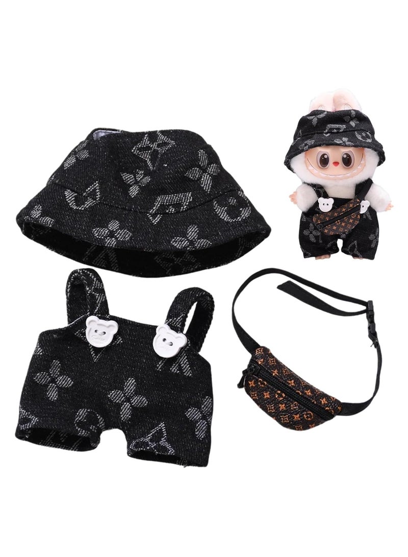 BRIXSPARK Doll Clothes for Labubu - Clothes Outfit Set for 17cm labubu - Fashion Hat+Overalls+Bag Outfit Set,Luxury Doll Clothing & Style Bundle(No Doll,Just Clothes)-Black + Bark Brown Bag