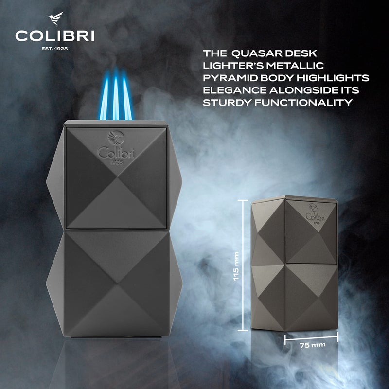 Colibri Quasar Triple Jet Flame Butane Table Lighter, Cigar Enthusiast's Choice with Blue Fuel Window, Adjustable Flame, Non-Slip Base (Gunmetal) - Image 3
