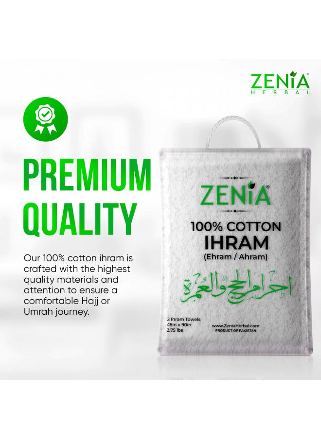 zenia - Zenia Natural Hygienic 100% Cotton Ihram (Ahram/Ehram) Towel for Hajj and Umrah - Lightweight and Durable 45 in x 90 in (Ihram with Adjustable Belt & Free Miswak) - Image 1