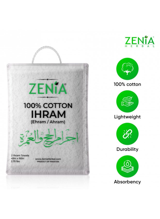 zenia - Zenia Natural Hygienic 100% Cotton Ihram (Ahram/Ehram) Towel for Hajj and Umrah - Lightweight and Durable 45 in x 90 in (Ihram with Adjustable Belt & Free Miswak) - Image 1
