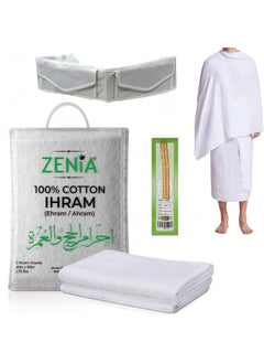 Zenia Natural Hygienic 100% Cotton Ihram (Ahram/Ehram) Towel for Hajj and Umrah - Lightweight and Durable 45 in x 90 in (Ihram with Adjustable Belt & Free Miswak)