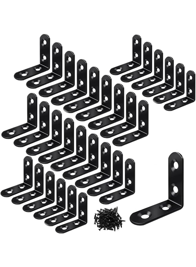 PROMASS 30PCS 40mm Bracket Corner Brace, Stainless Steel Corner Bracket, L Bracket, Corner Bracket, Black Small Angle Brackets, Metal Iron Braces Brackets for Wood, with 120Pcs Screws  - Image 1
