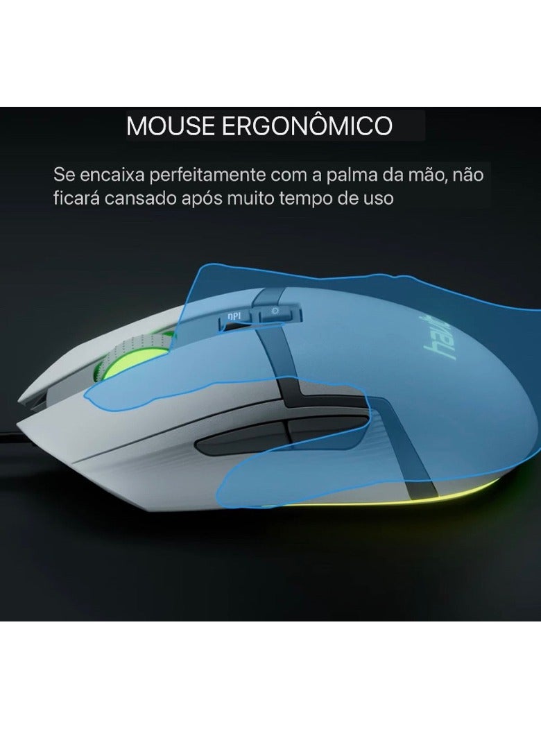 MS885 RGB Gaming Mouse - Wired USB - 6 Buttons - 6400 DPI - 7 Color Backlight - Ergonomic Design-WHITE  - Image 4