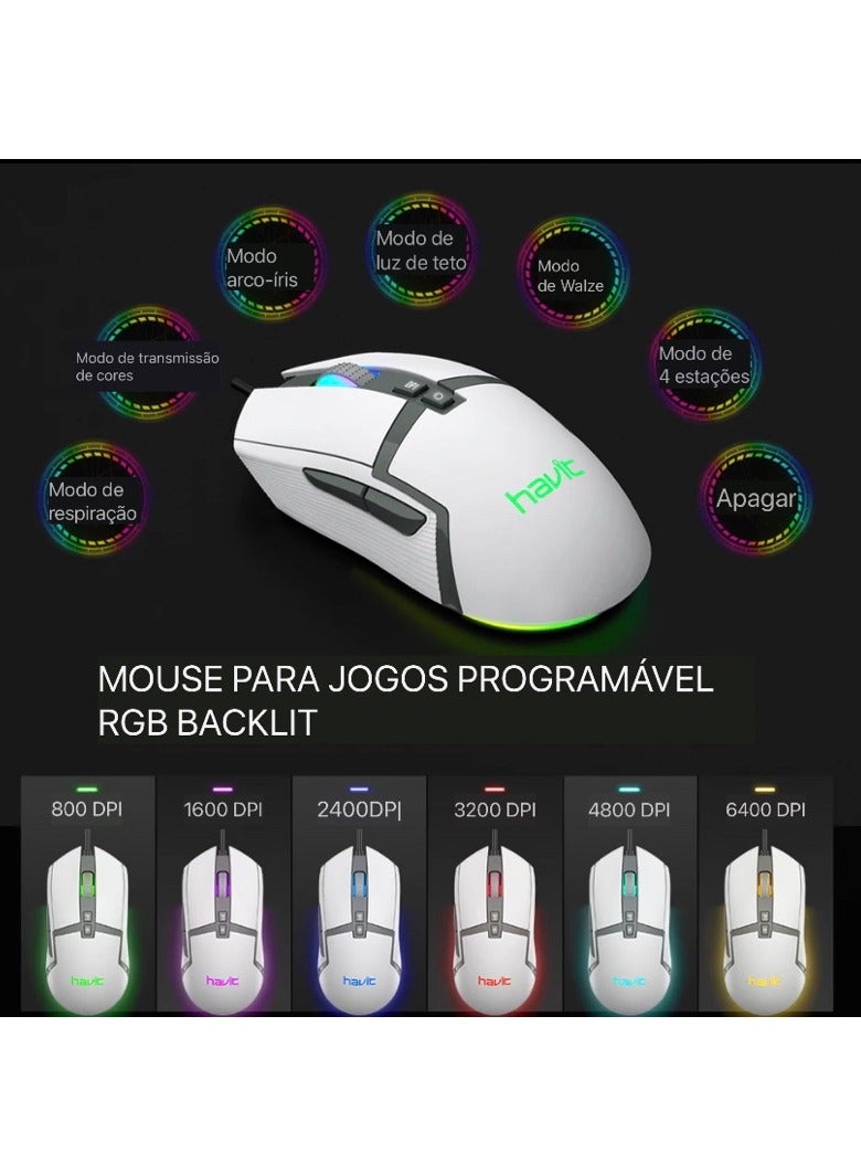 MS885 RGB Gaming Mouse - Wired USB - 6 Buttons - 6400 DPI - 7 Color Backlight - Ergonomic Design-WHITE  - Image 3