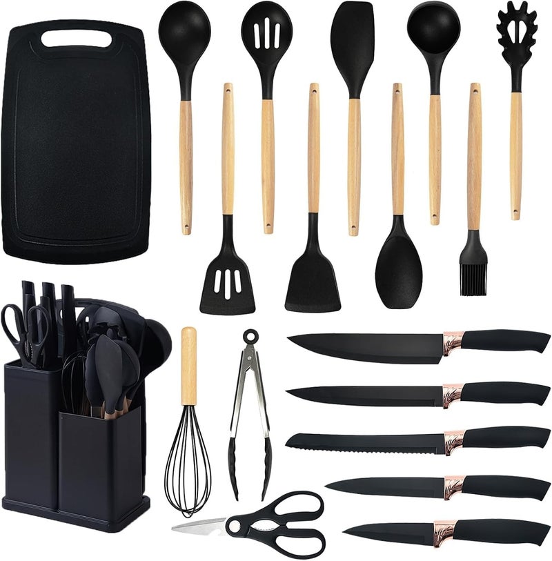 spark ONE 19-Piece Kitchen Utensils Set with Knife Block, Silicone Cooking Tools, Stainless Steel Knives and Cutting Board - Image 1
