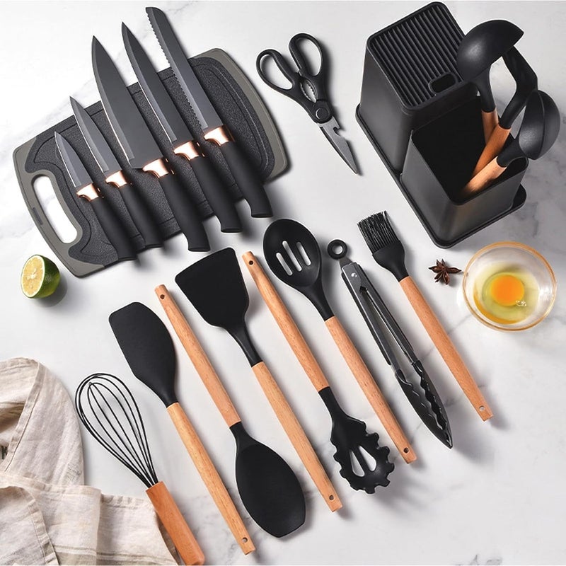 spark ONE 19-Piece Kitchen Utensils Set with Knife Block, Silicone Cooking Tools, Stainless Steel Knives and Cutting Board - Image 2