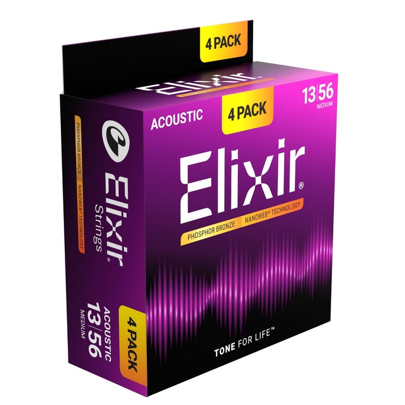 Elixir Strings Acoustic Guitar Strings Phosphor Bronze with NANOWEB Technology LongestLasting Rich and Full Tone with Comfortable Feel 4 Pack Medium 1356 - Image 2
