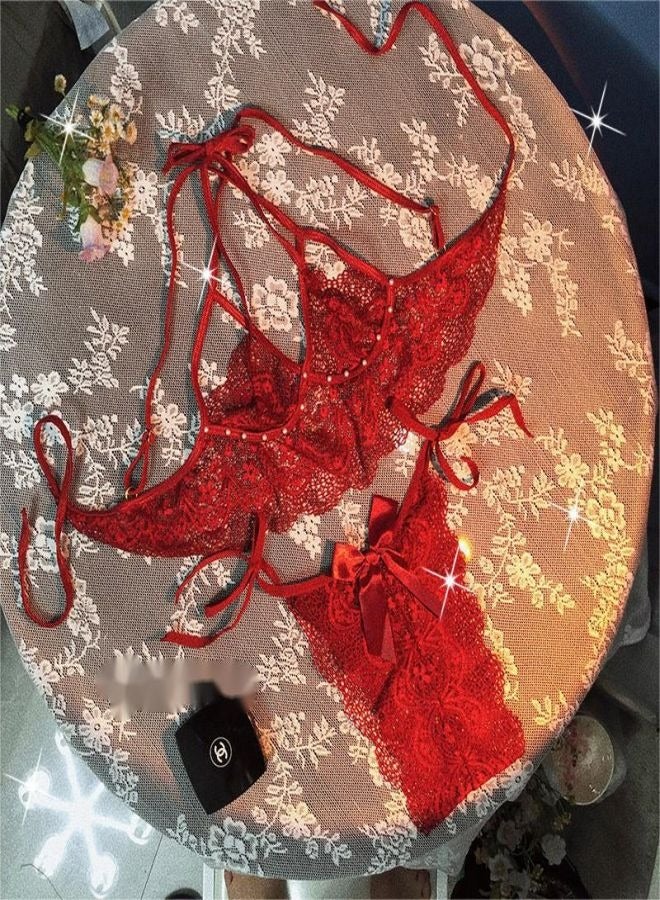 Ocean Women's Soft Cup Bra and Underwear Set Lingerie Sets Chemises Bralette Romantic Pearl Lace Straps Hollow Fishnet Triangle Bra Bow-knot High Cut Brief Red - Image 1