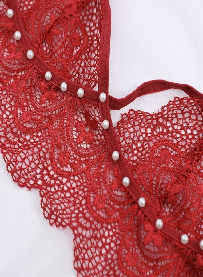 Ocean Women's Soft Cup Bra and Underwear Set Lingerie Sets Chemises Bralette Romantic Pearl Lace Straps Hollow Fishnet Triangle Bra Bow-knot High Cut Brief Red - Image 3