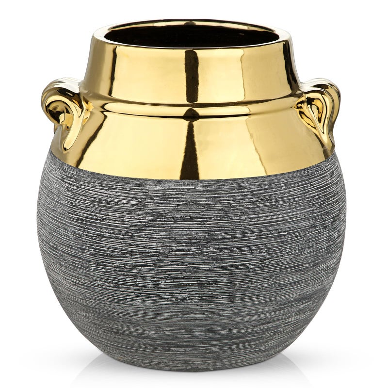Arborus Rustic Ceramic Vase with Gold Rim and Ears - 9" Decorative Flower Vases for Living Room, Dining Table Centerpiece & Shelf Décor - Modern Farmhouse, Boho & Contemporary Home Accents - Image 1