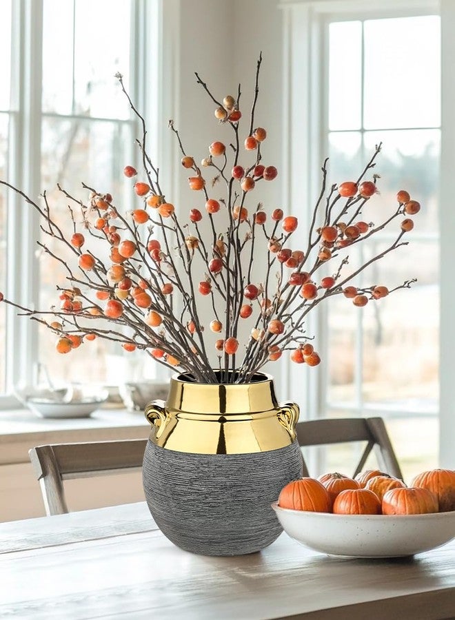 Arborus Rustic Ceramic Vase with Gold Rim and Ears - 9" Decorative Flower Vases for Living Room, Dining Table Centerpiece & Shelf Décor - Modern Farmhouse, Boho & Contemporary Home Accents - Image 3