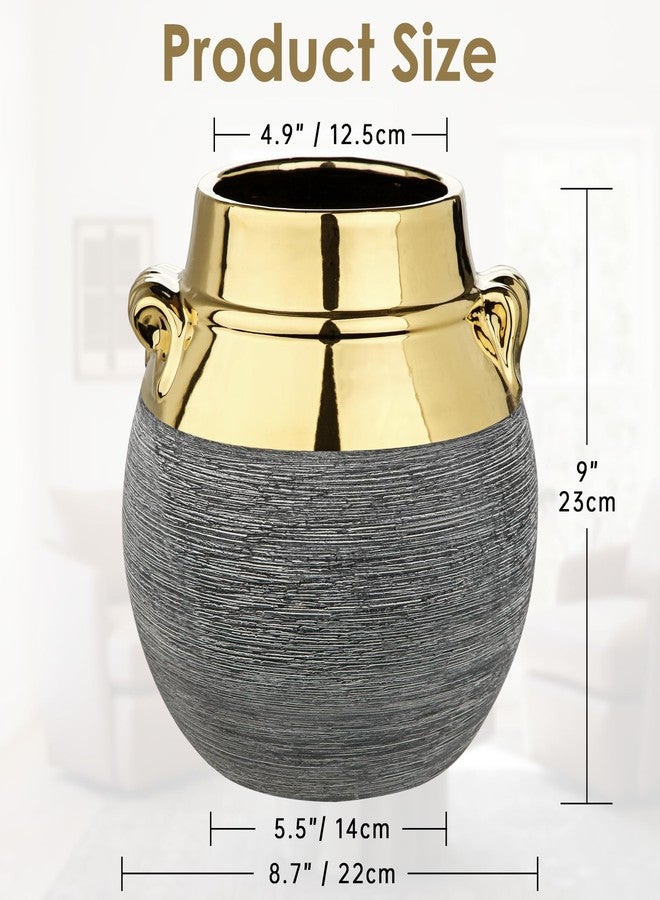 Arborus Rustic Ceramic Vase with Gold Rim and Ears - 9" Decorative Flower Vases for Living Room, Dining Table Centerpiece & Shelf Décor - Modern Farmhouse, Boho & Contemporary Home Accents - Image 2